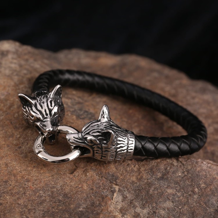 Bransoletka skórzana głowy wilków